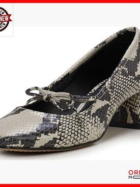 Leather Ballet Pumps with Bow Detail, 1.8-Inch Block Heel, Slip-On Style